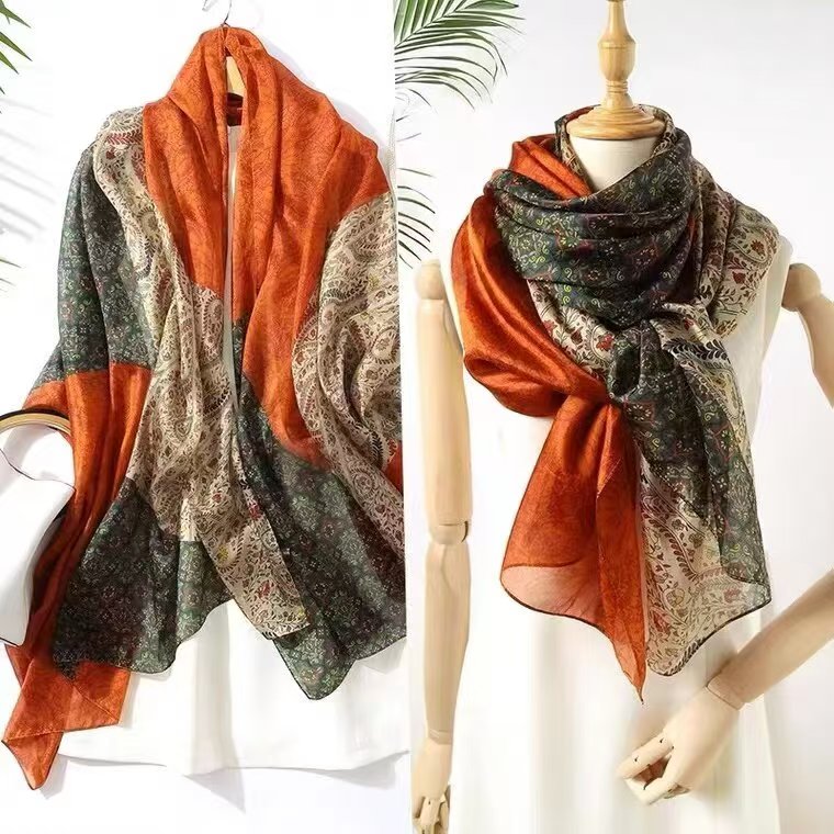 Sheer Organza Delicate Botanical Print Long Scarf