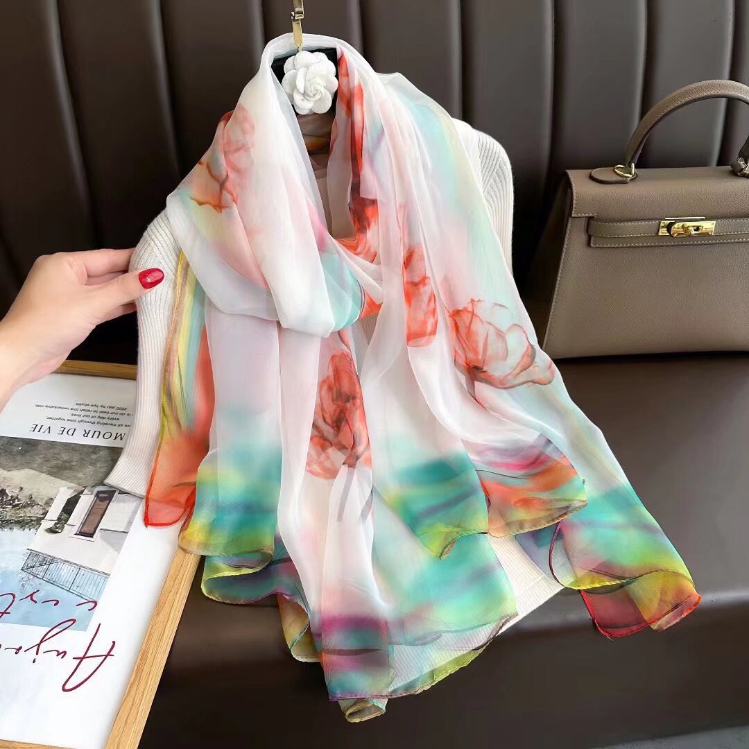 Sheer Organza Elegant Floral Print Long Scarf
