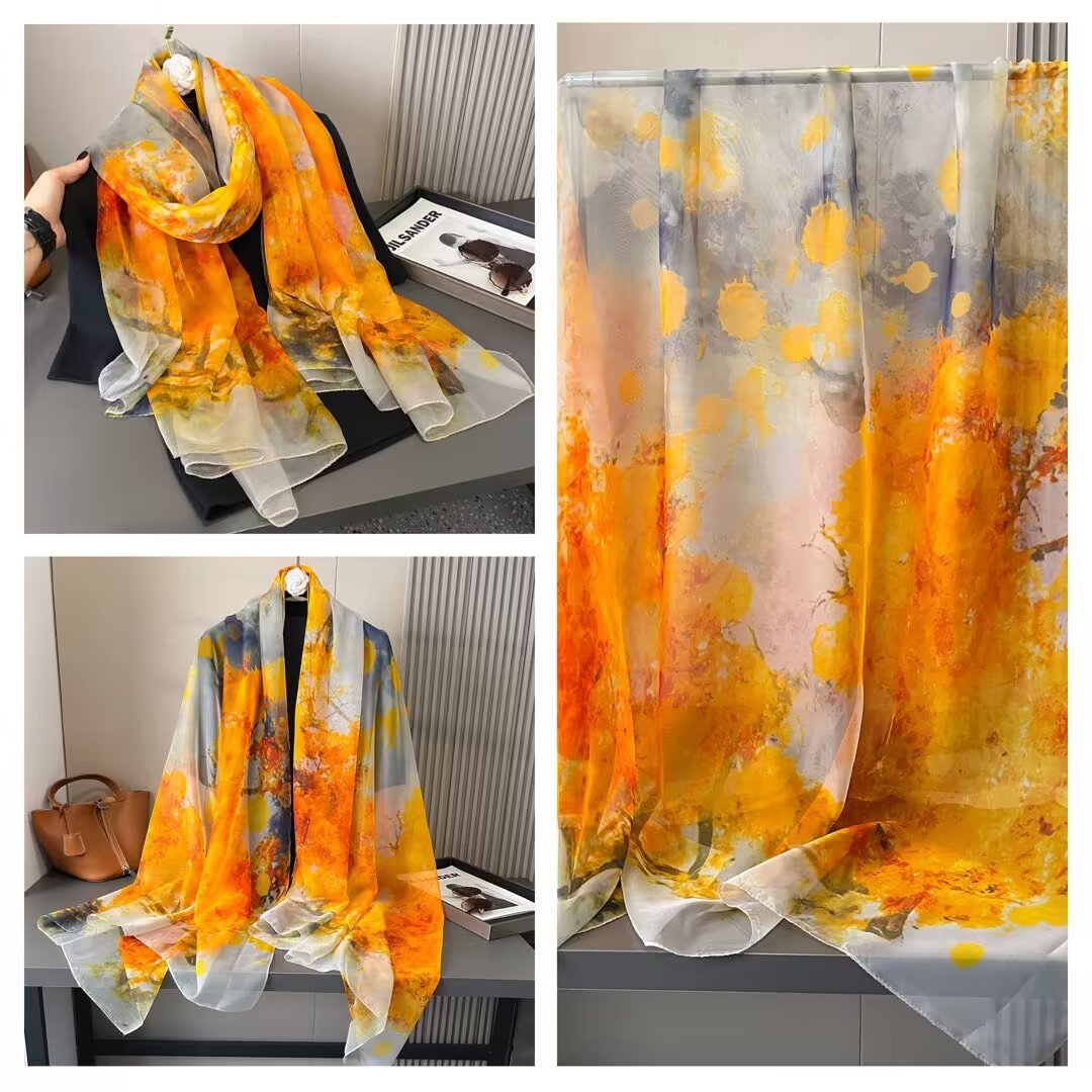 Sheer Organza Ethereal Floral Motif Long Scarf