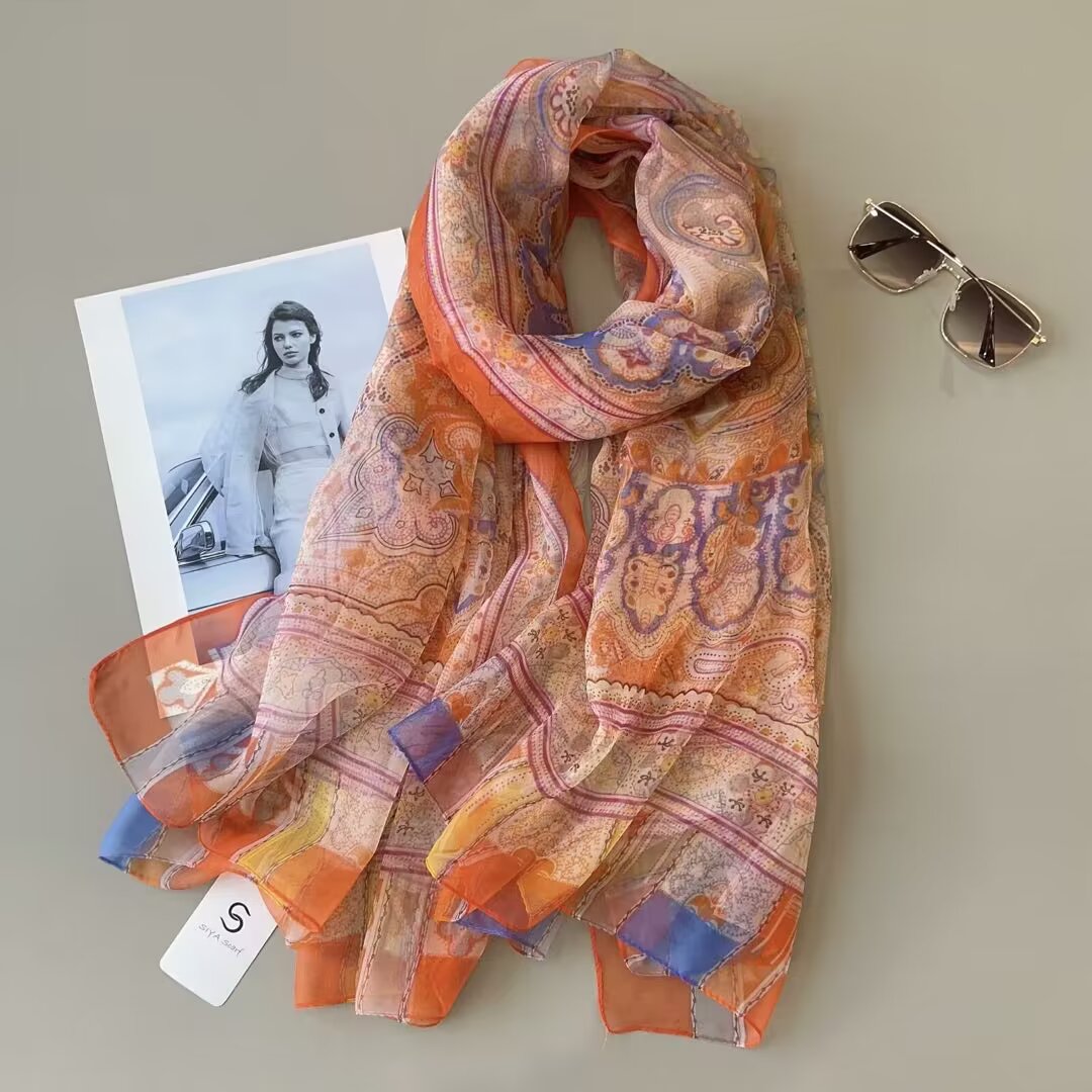 Sheer Organza Elegant Botanical Print Long Scarf - Image 2