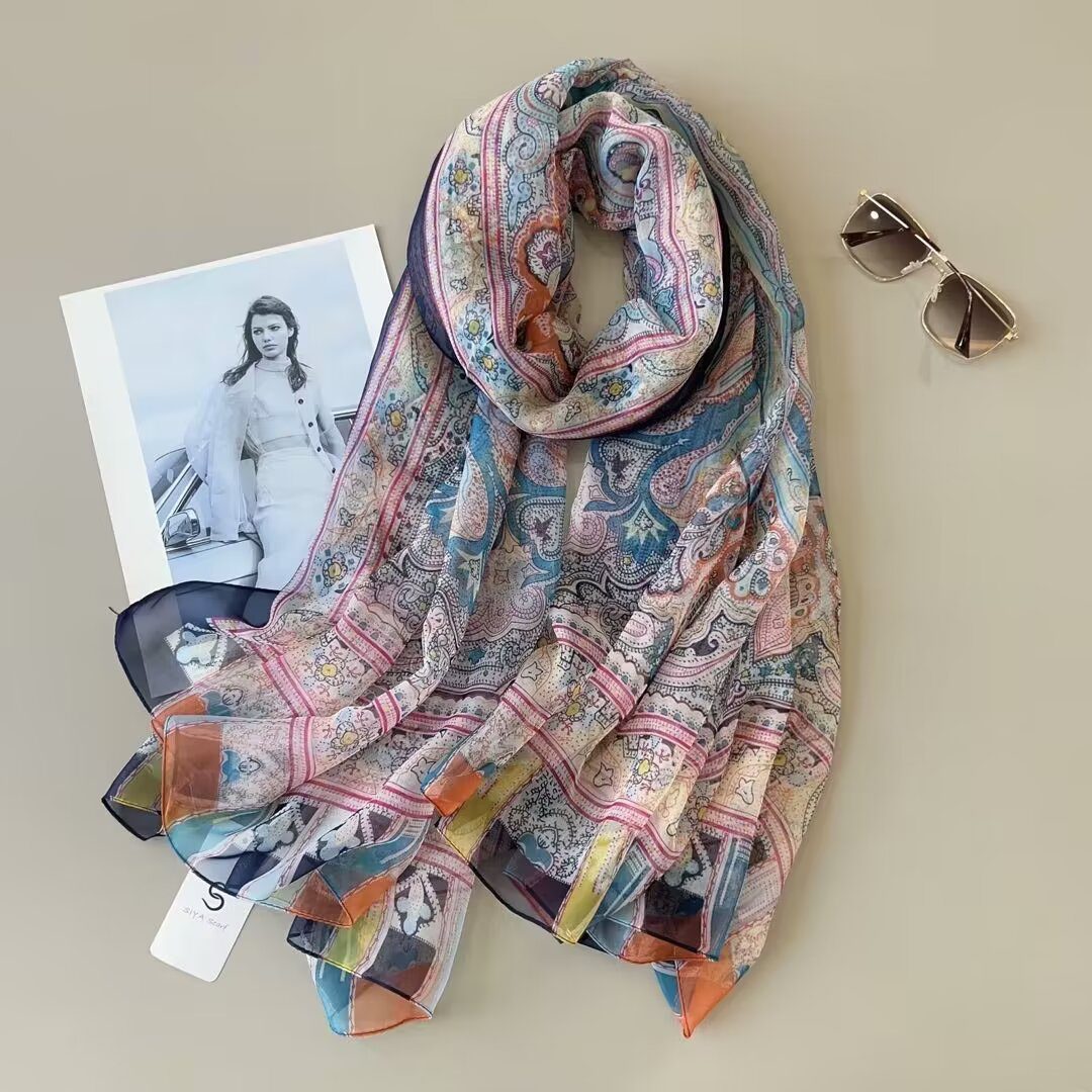 Sheer Organza Elegant Botanical Print Long Scarf