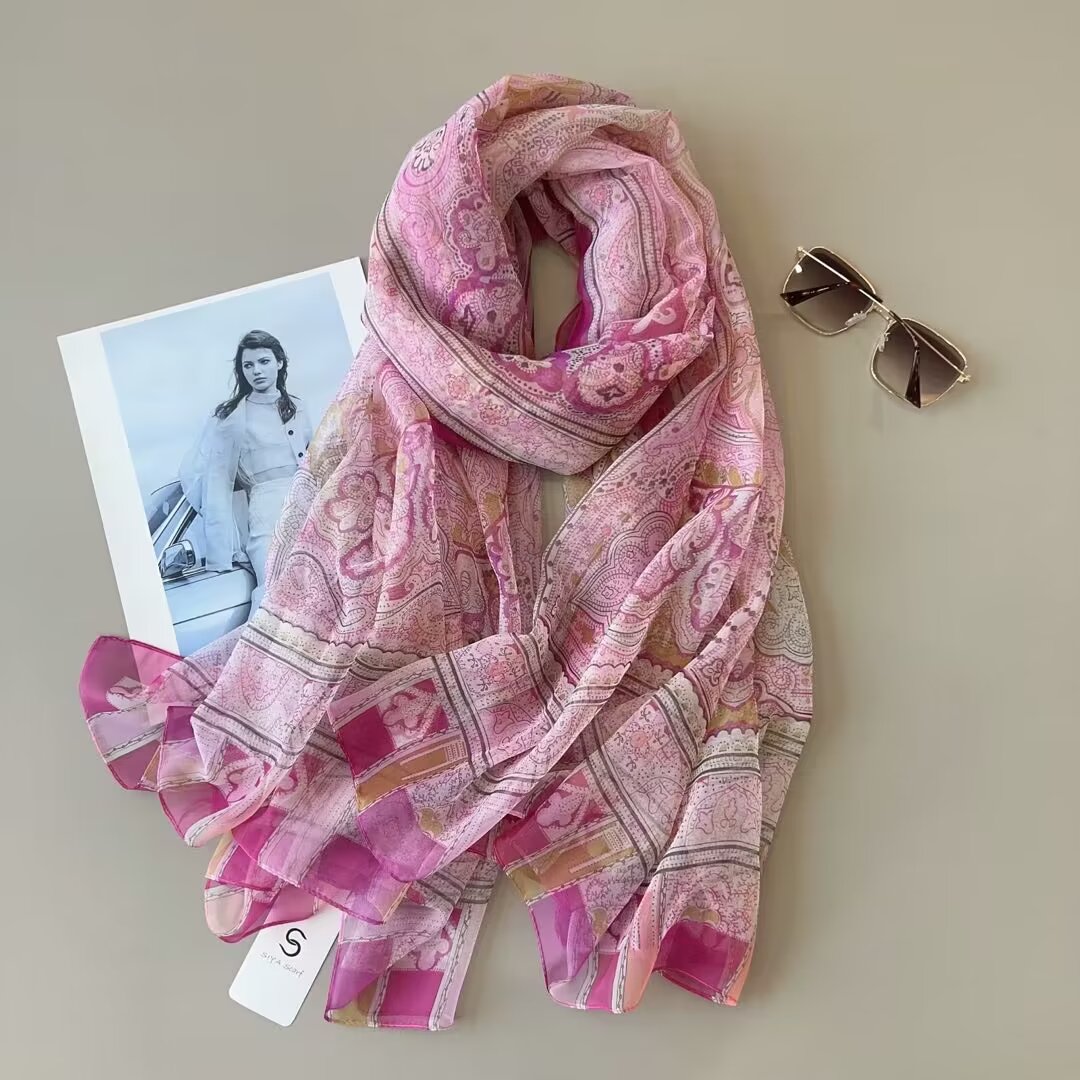 Sheer Organza Elegant Botanical Print Long Scarf - Image 3