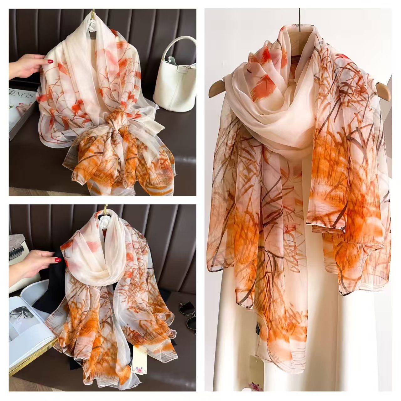 Sheer Organza Elegant Floral Print Long Scarf