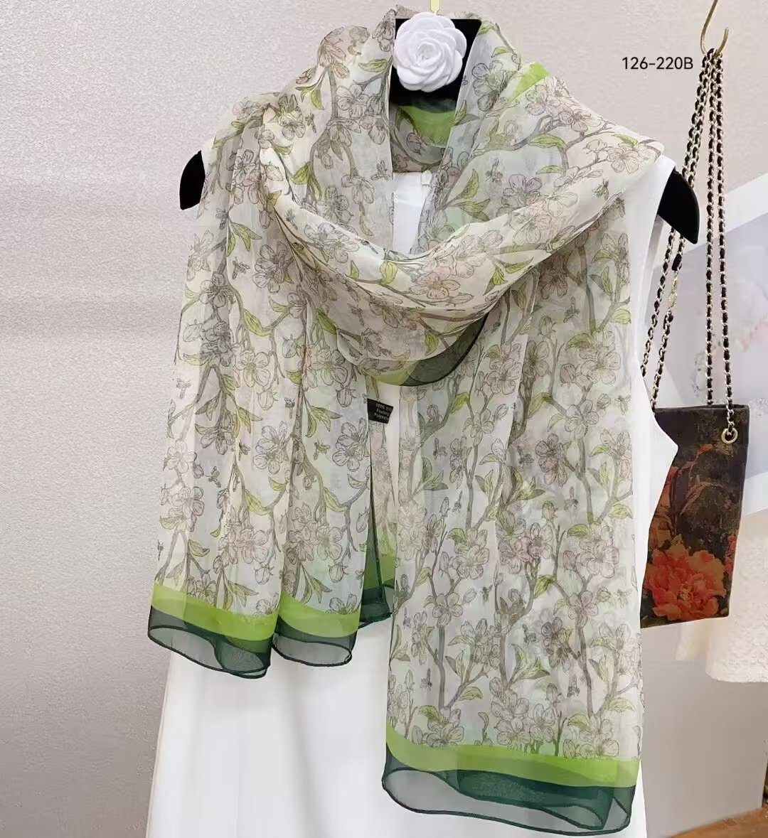 Sheer Organza Elegant Floral Print Long Scarf