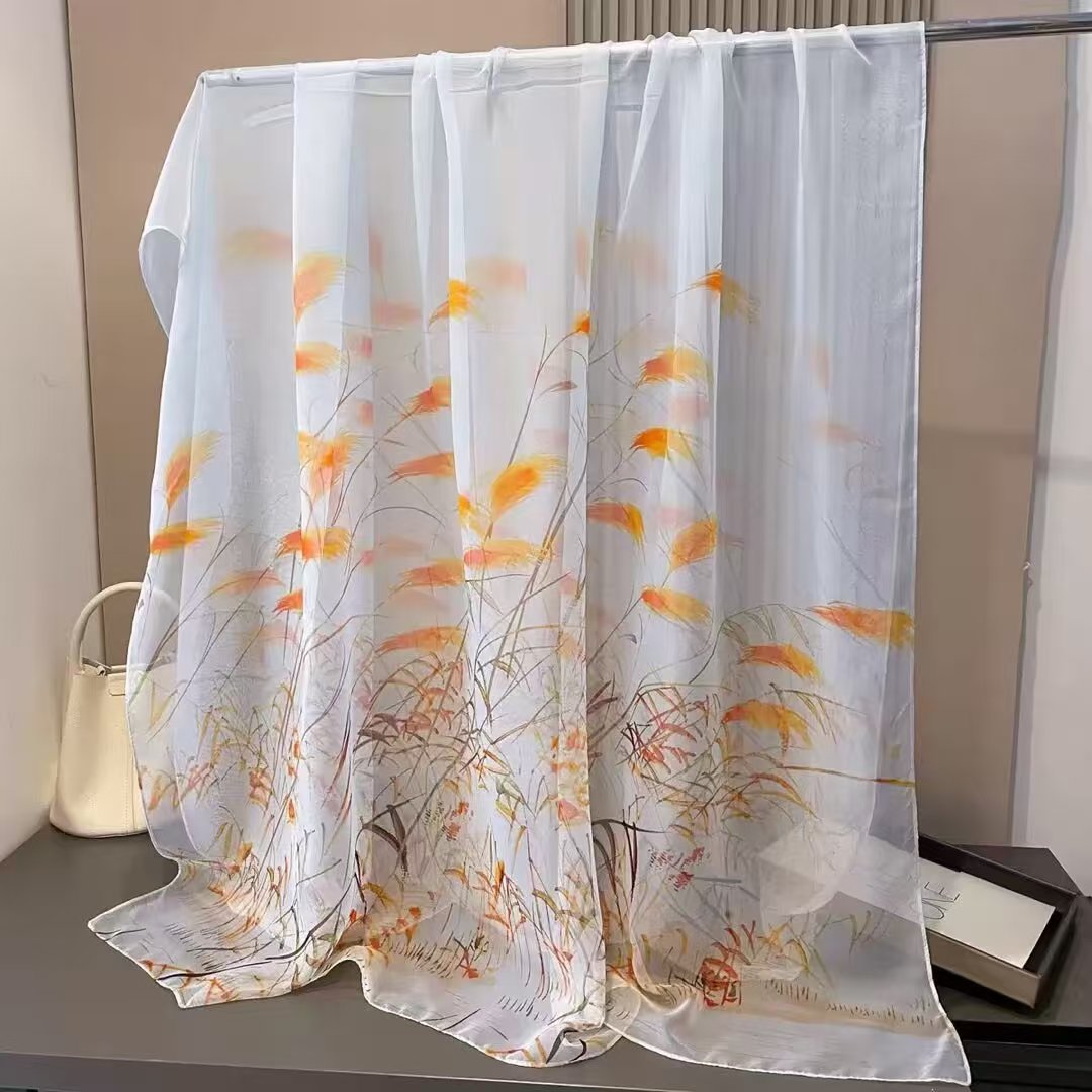 Sheer Organza Elegant Floral Print Long Scarf