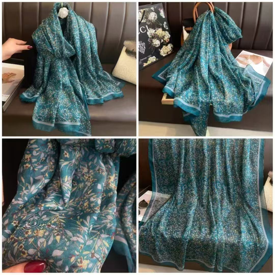 Sheer Organza Elegant Floral Print Long Scarf