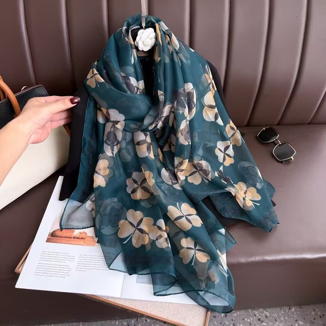 Sheer Organza Lucky Clover Silk Long Scarf - Image 2