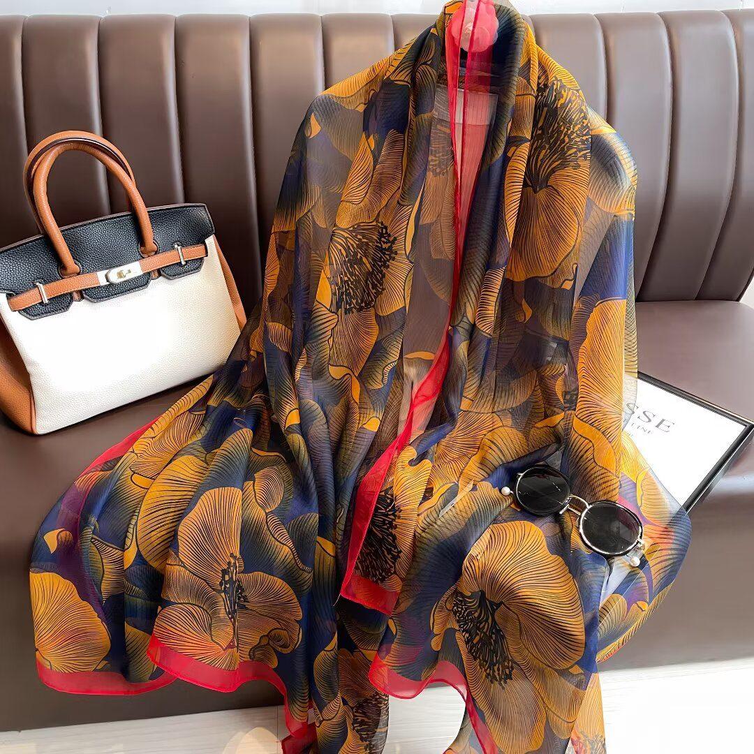 Sheer Organza Elegant Floral Print Long Scarf