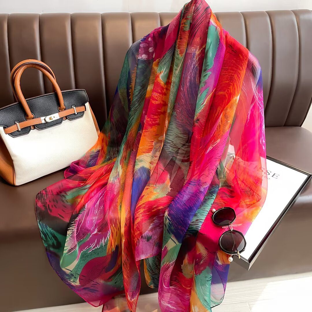 Sheer Organza Delicate Botanical Print Long Scarf