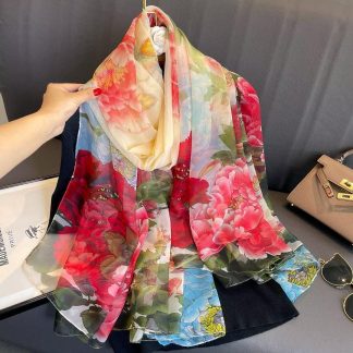 Sheer Organza Delicate Peony Print Long Scarf