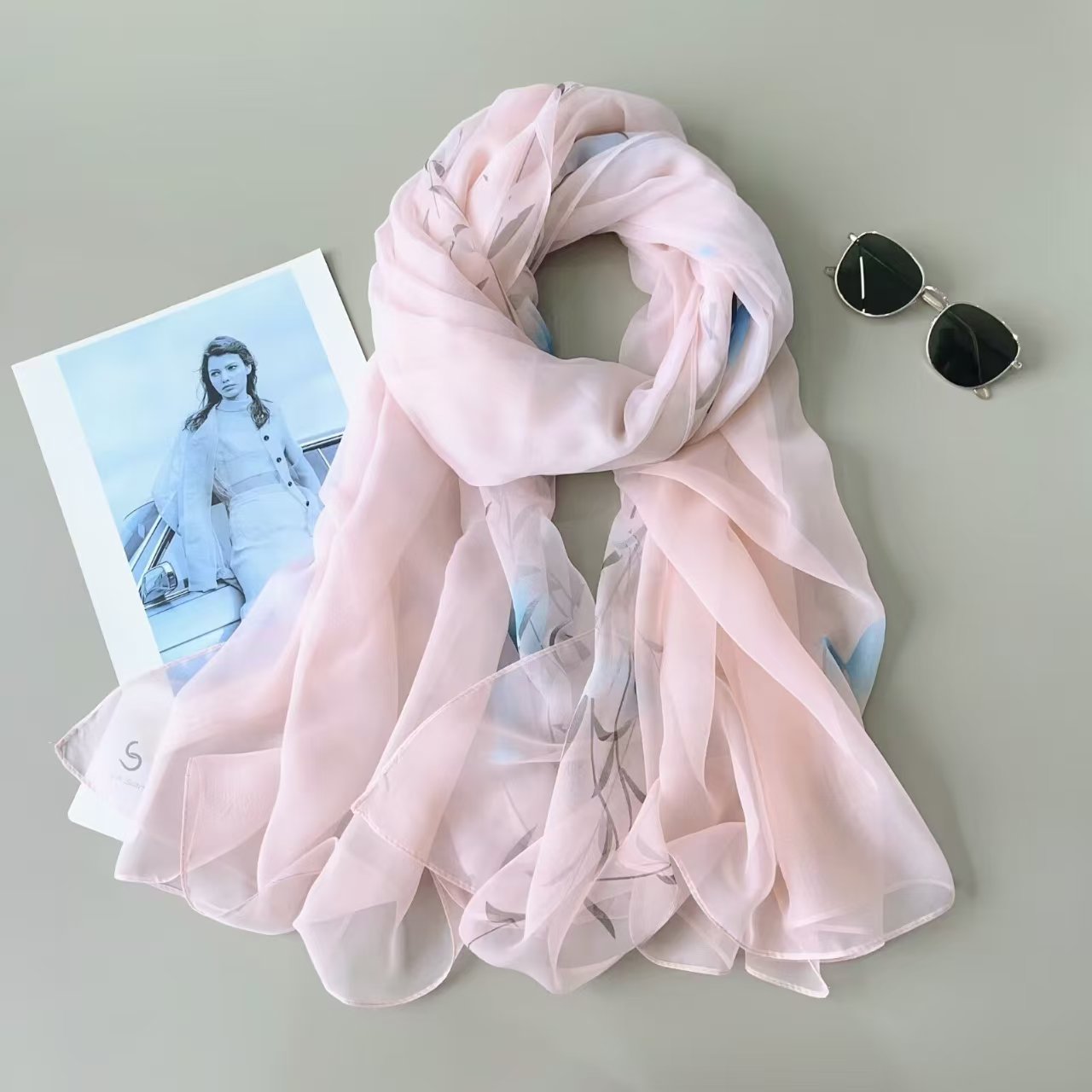 Sheer Organza Flowing Willow Motif Long Scarf - Image 2