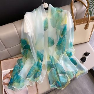 Sheer Organza Ethereal Ginkgo Print Long Scarf