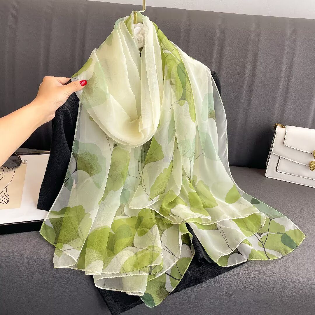 Sheer Organza Botanical Ginkgo Print Long Scarf