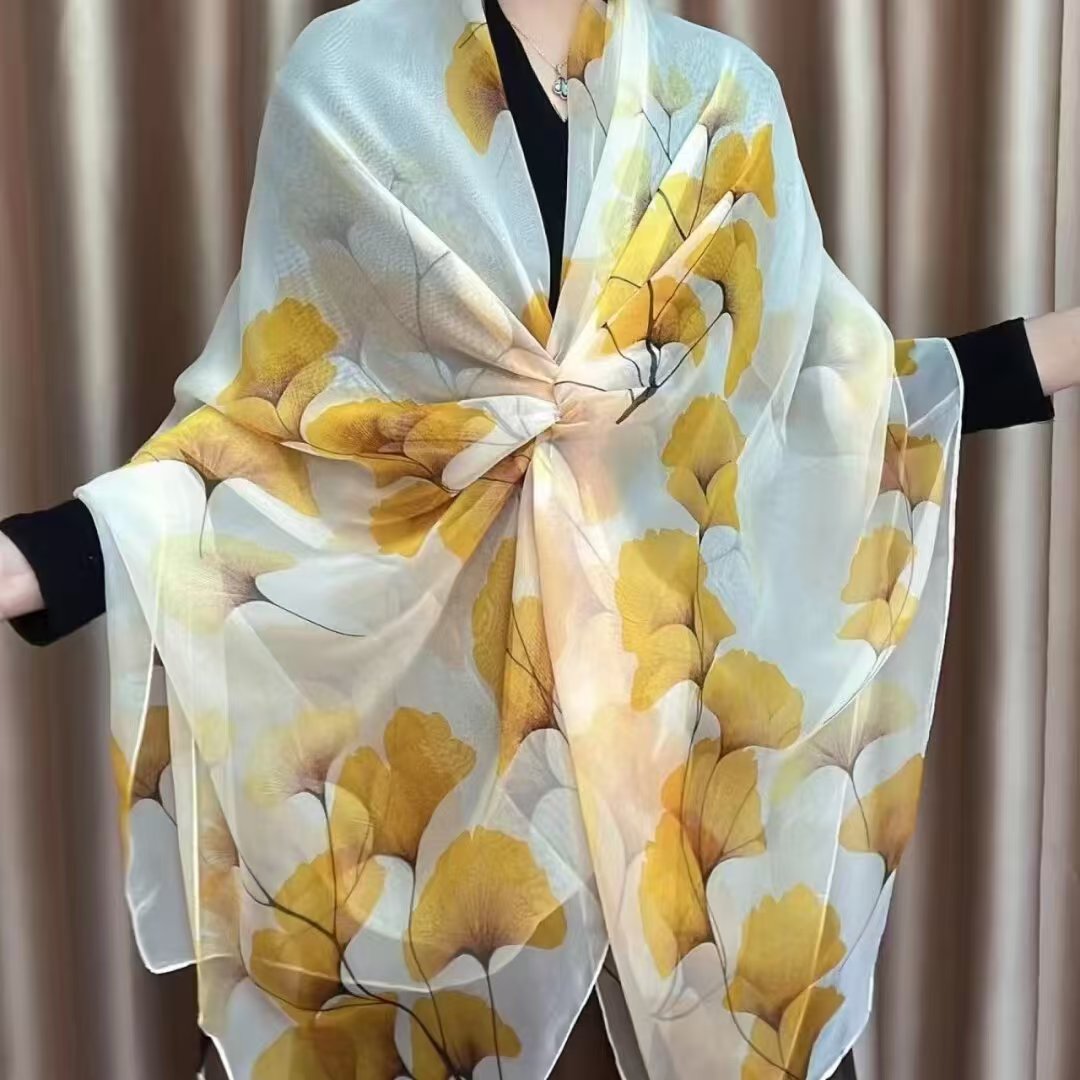 Sheer Organza Botanical Ginkgo Print Long Scarf - Image 3