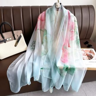 Sheer Organza Luminous Lotus Print Long Scarf