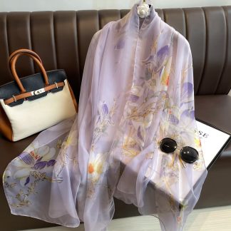 Sheer Organza Delicate Floral Motif Long Scarf