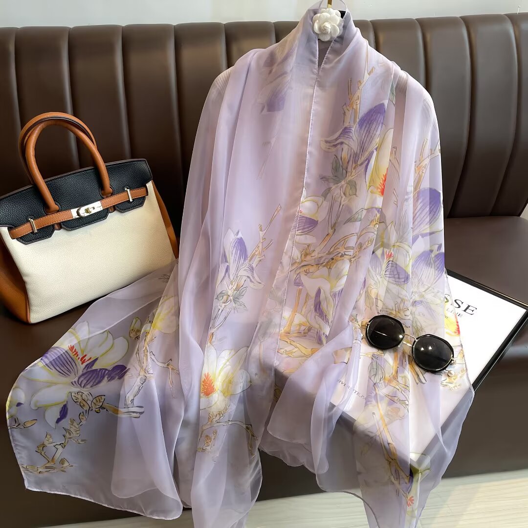 Sheer Organza Delicate Floral Motif Long Scarf