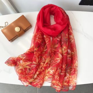 Sheer Organza Elegant Maple Motif Long Scarf