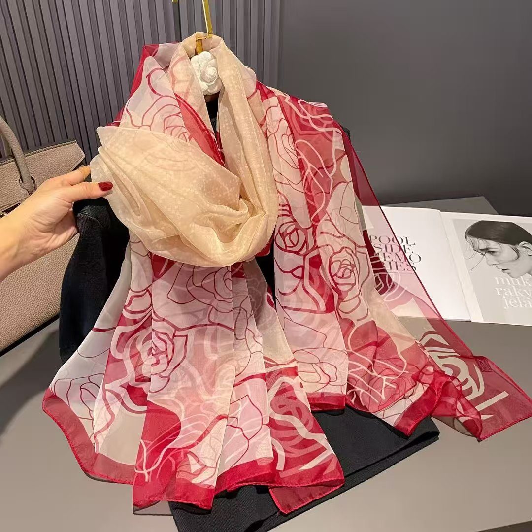 Sheer Organza Delicate Rose Silhouette Long Scarf - Image 2