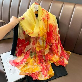 Sheer Organza Yellow Peony Bloom Long Scarf