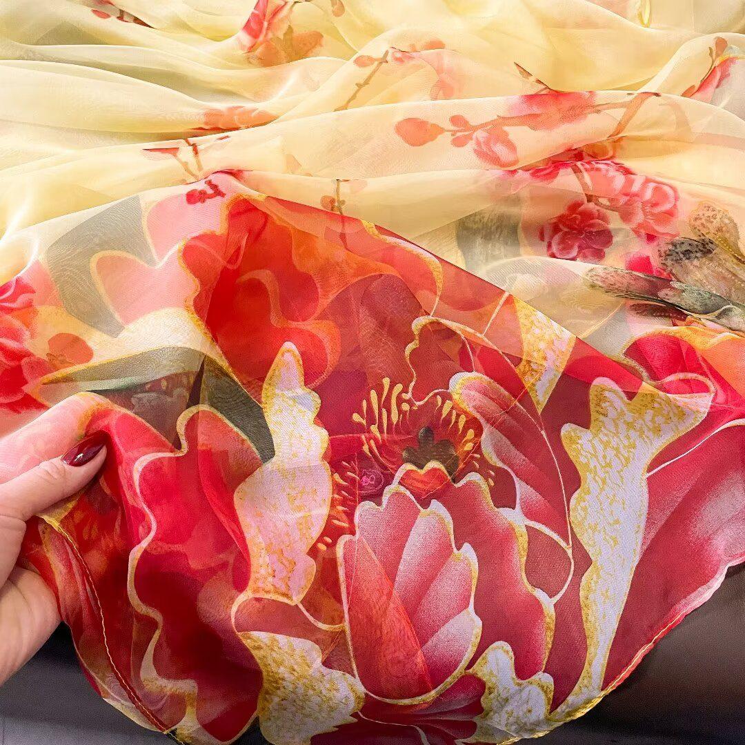 Sheer Organza Yellow Peony Bloom Long Scarf - Image 2