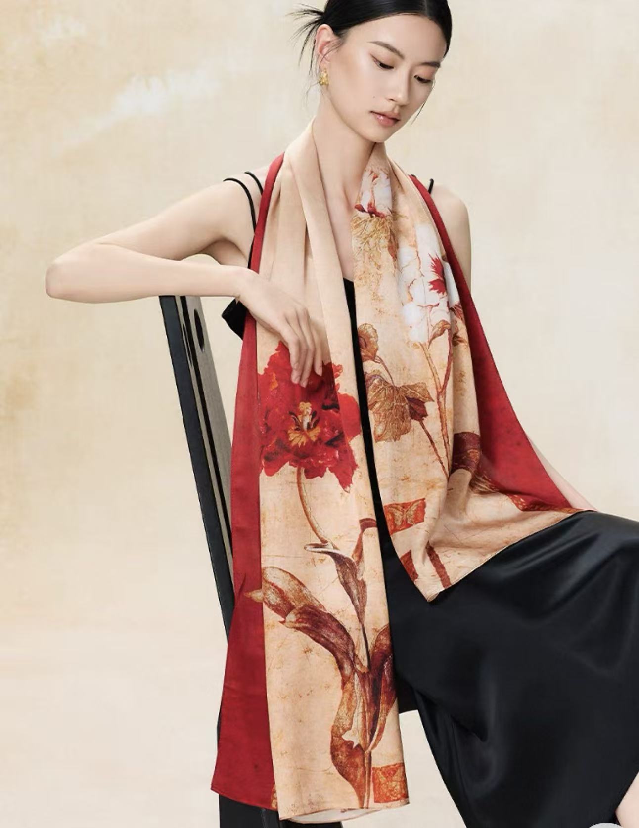 Polyester Satin Red Flower Long Scarf - Image 2