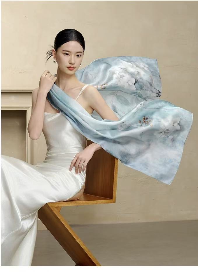 Polyester Satin Light Blue Flower Scarf - Image 3