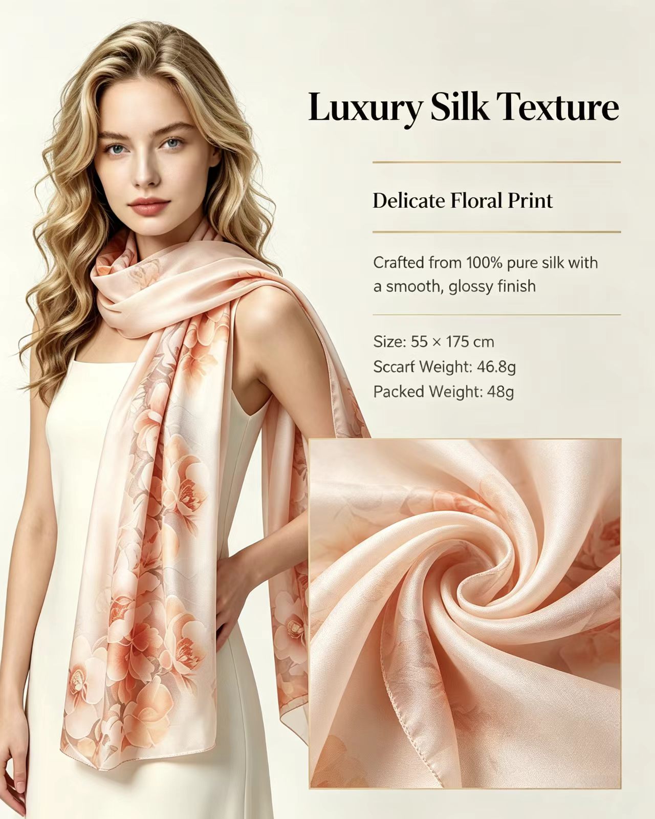 Mulberry Silk Elegant Floral Soft Long Scarf 55x175cm - Image 6