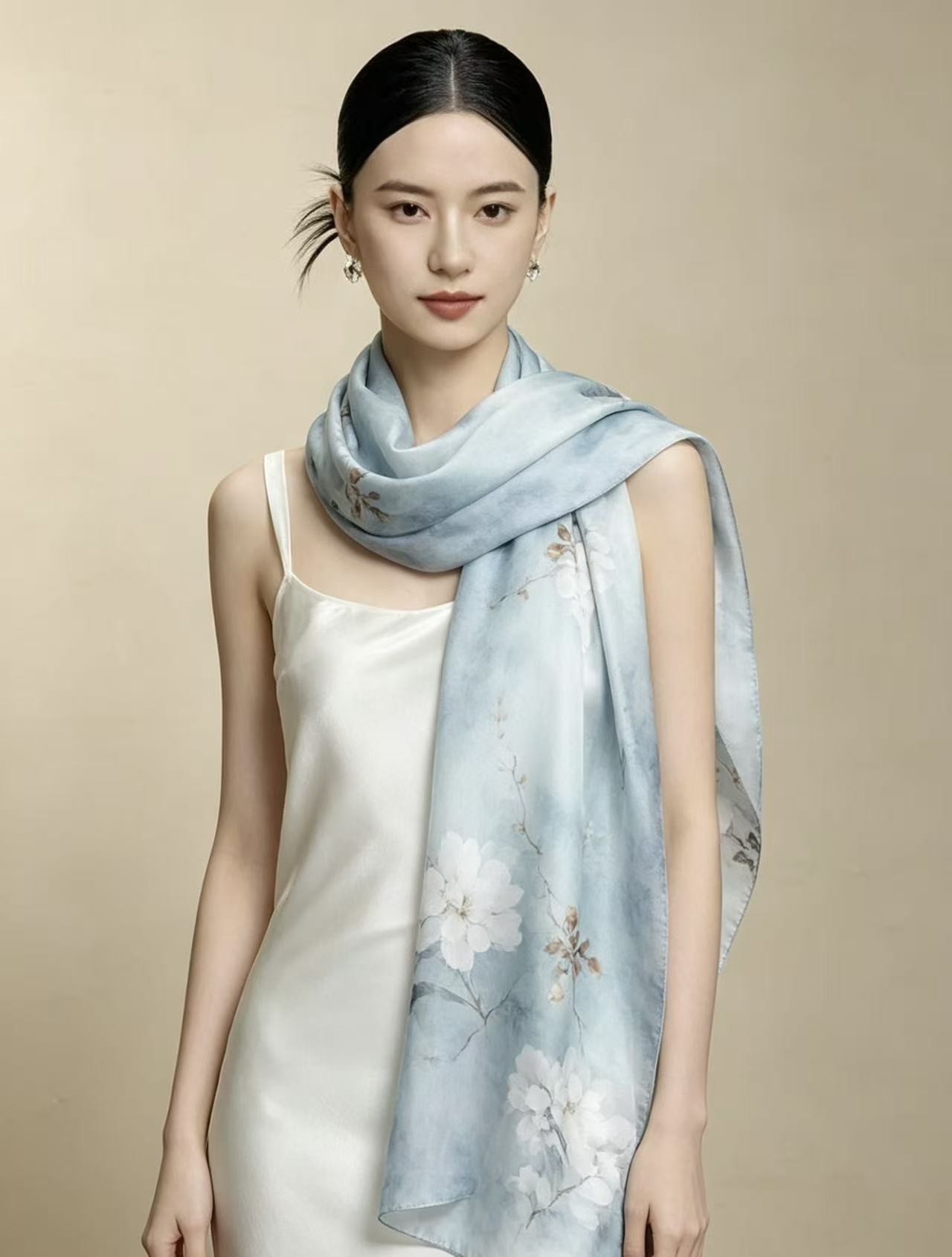 Polyester Satin Light Blue Flower Scarf - Image 2