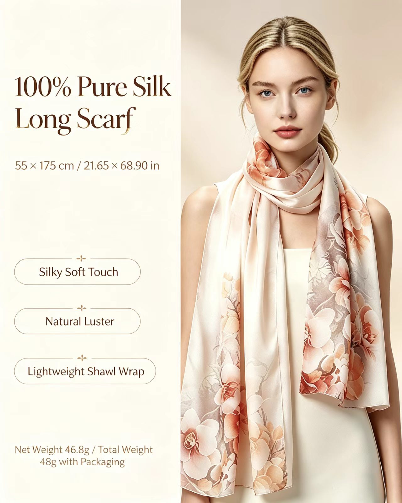 Mulberry Silk Elegant Floral Soft Long Scarf 55x175cm - Image 5