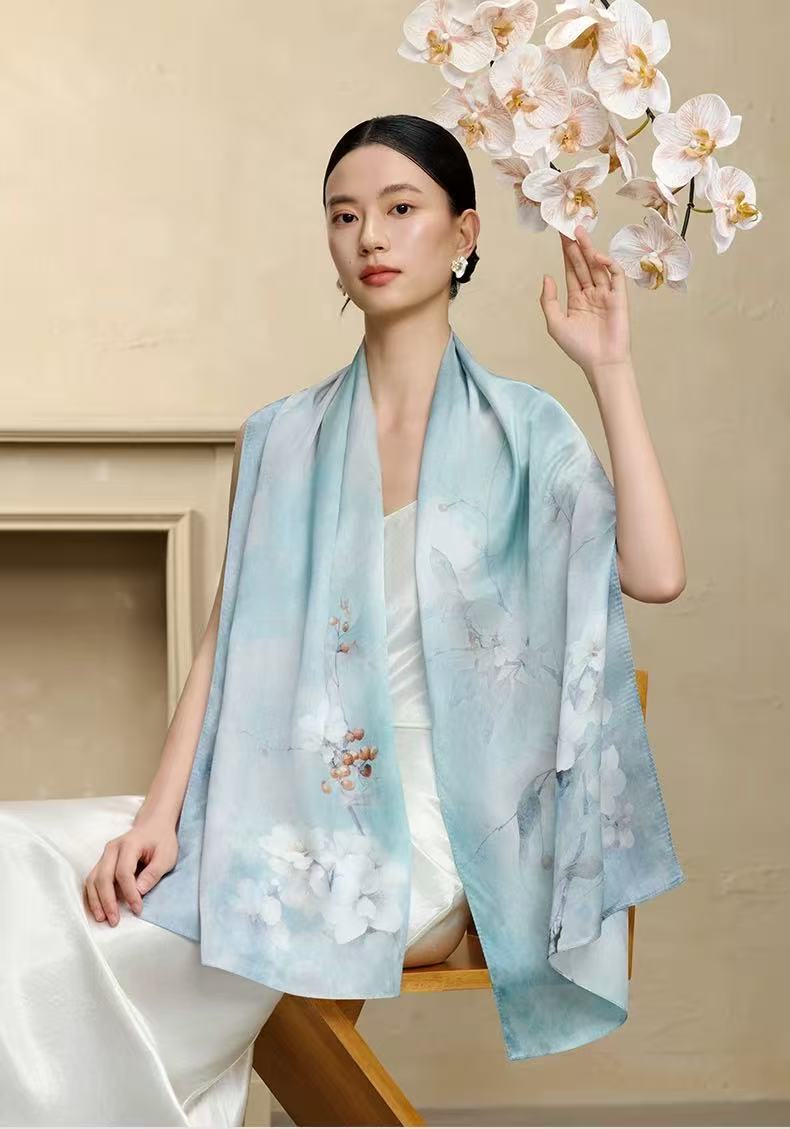 Polyester Satin Light Blue Flower Scarf - Image 4