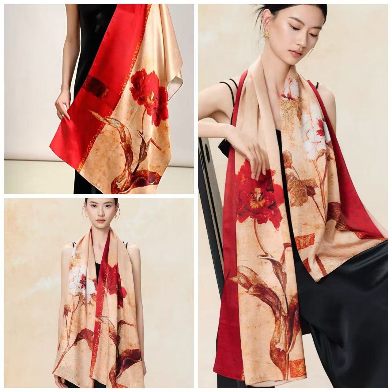 Polyester Satin Red Flower Long Scarf