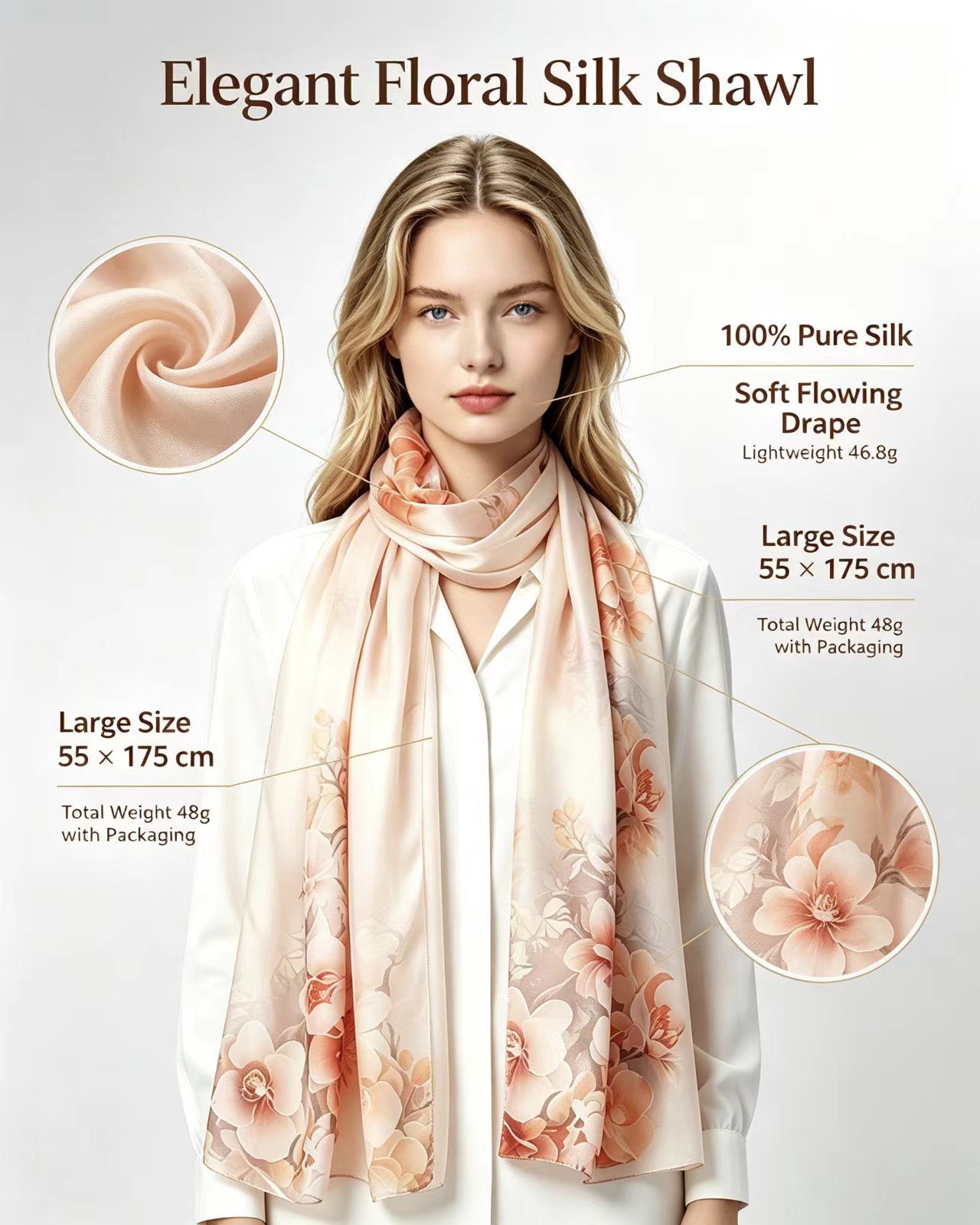 Mulberry Silk Elegant Floral Soft Long Scarf 55x175cm - Image 8
