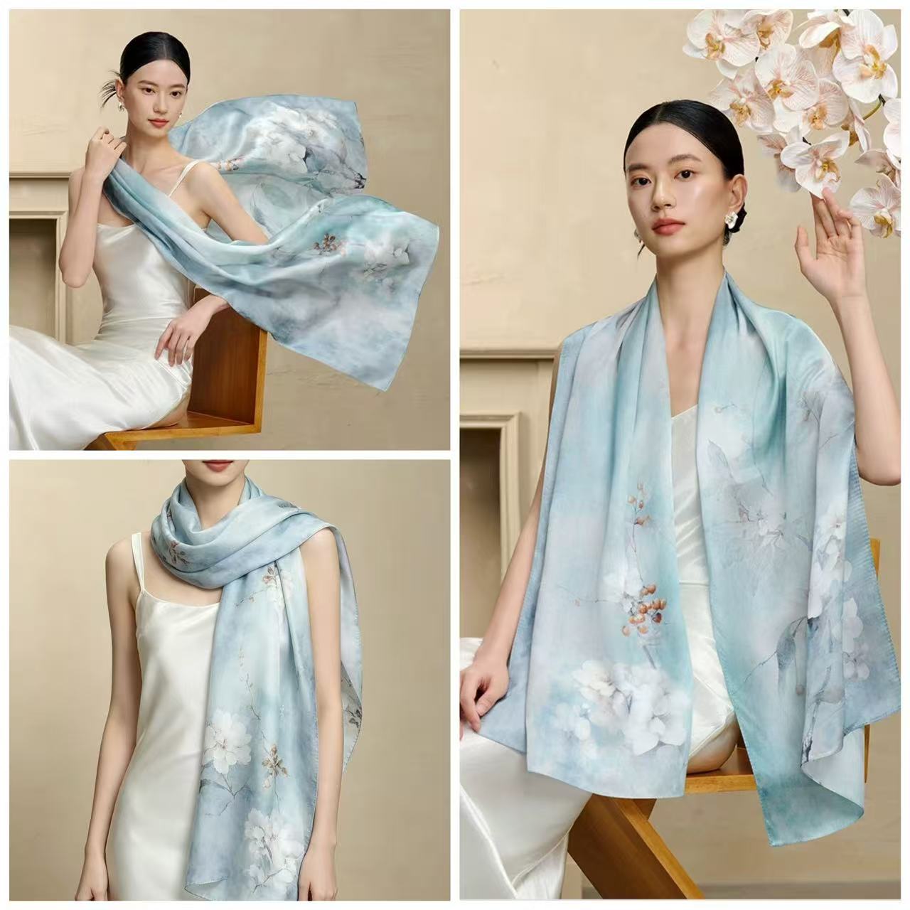 Polyester Satin Light Blue Flower Scarf