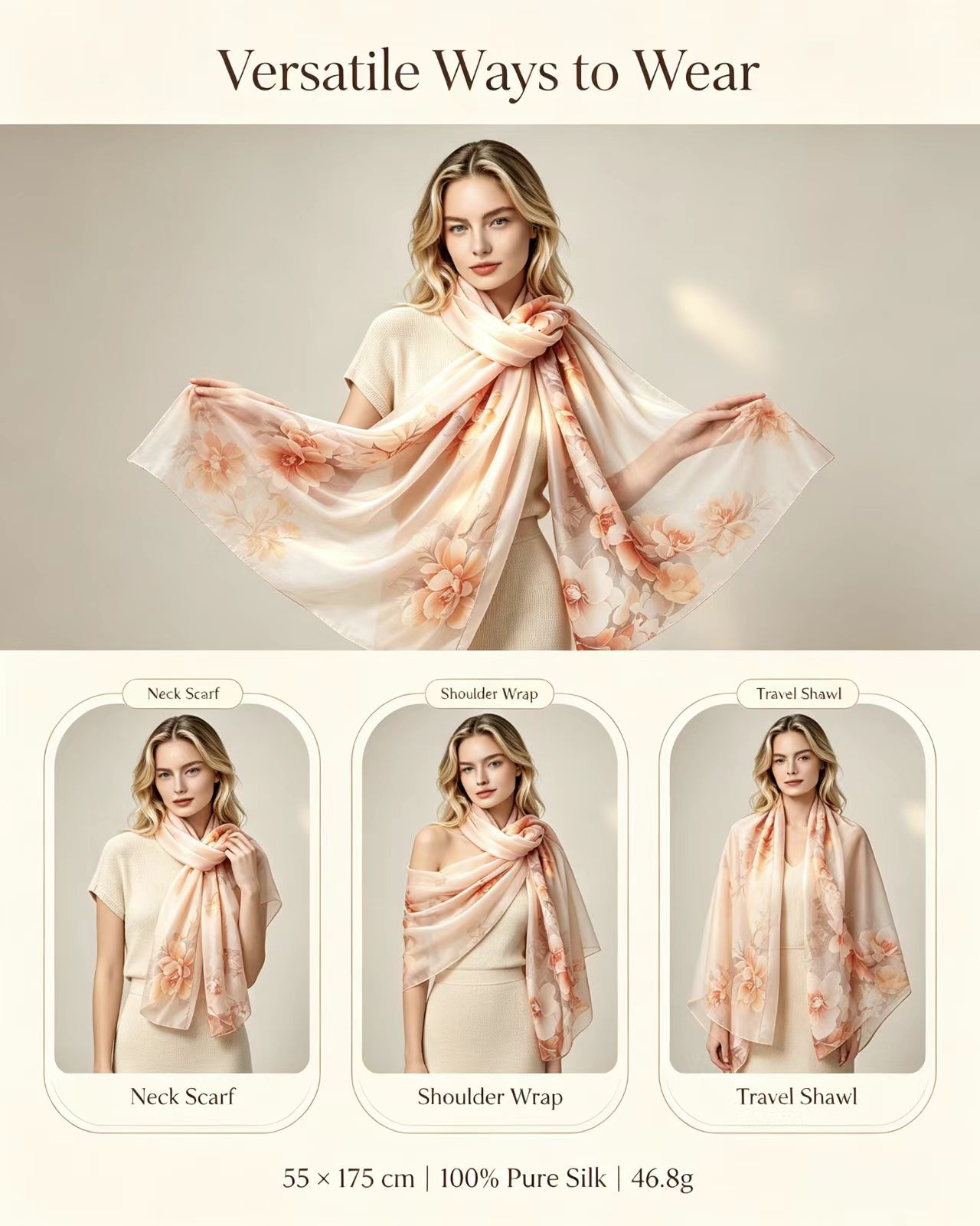 Mulberry Silk Elegant Floral Soft Long Scarf 55x175cm - Image 7