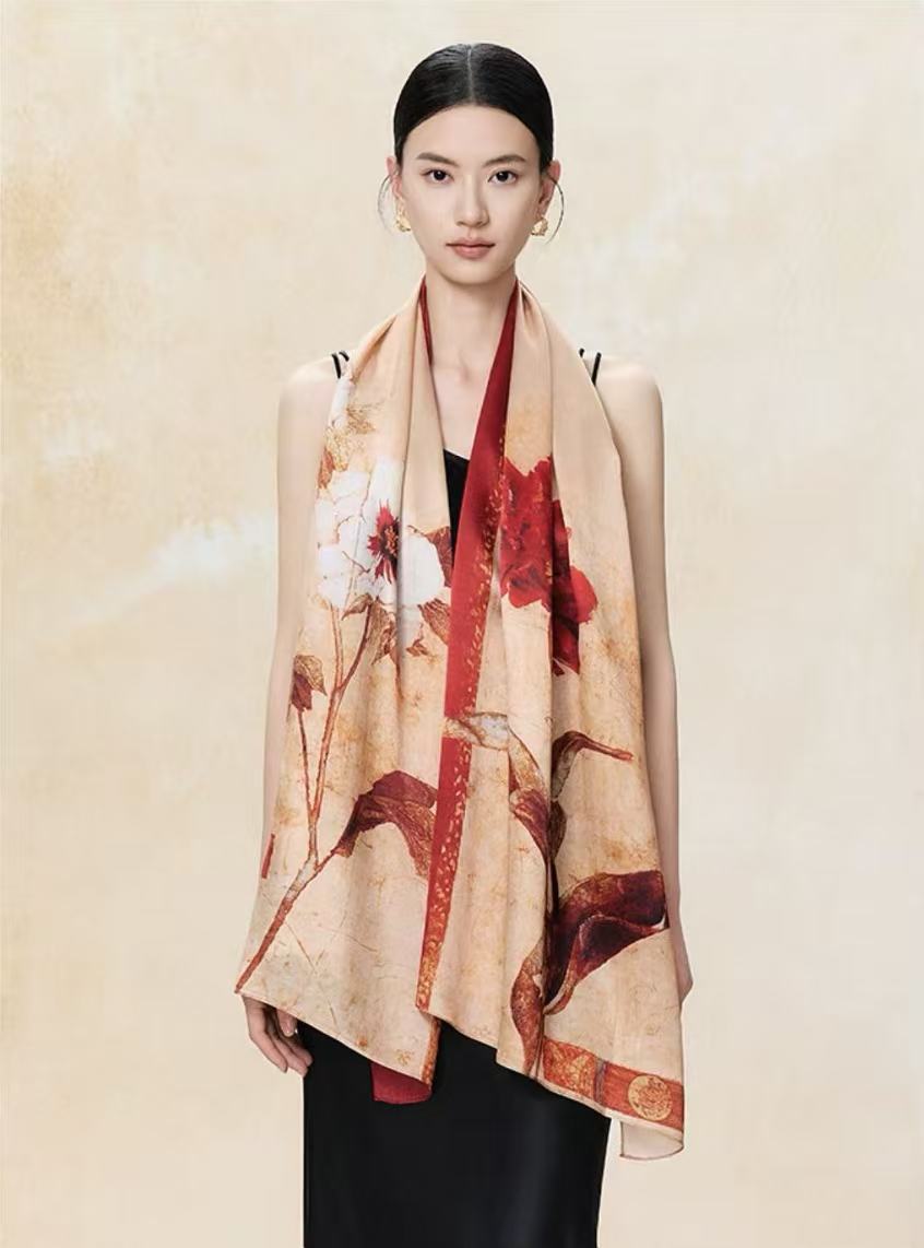 Polyester Satin Red Flower Long Scarf - Image 3