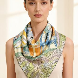 Silk Twill 90cm Square Scarf in Desert Caravan Oasis. 100% mulberry silk scarf - Hifand.