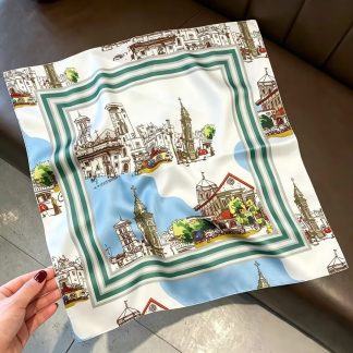 100% Real Silk Bandana 53x53cm - Premium 22g Mulberry Silk Square Scarf with Architectural Print