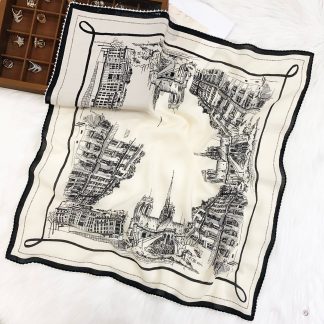 100% Real Crepe de Chine Satin Silk Bandana 70x70cm – Heavyweight 50g Square Scarf with Scalloped Lace Border